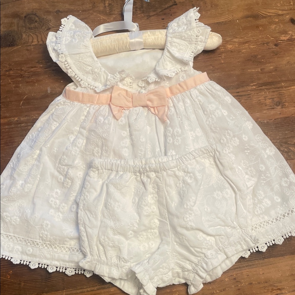Heartstrings , White Lace Baby Dress with Peach Bow